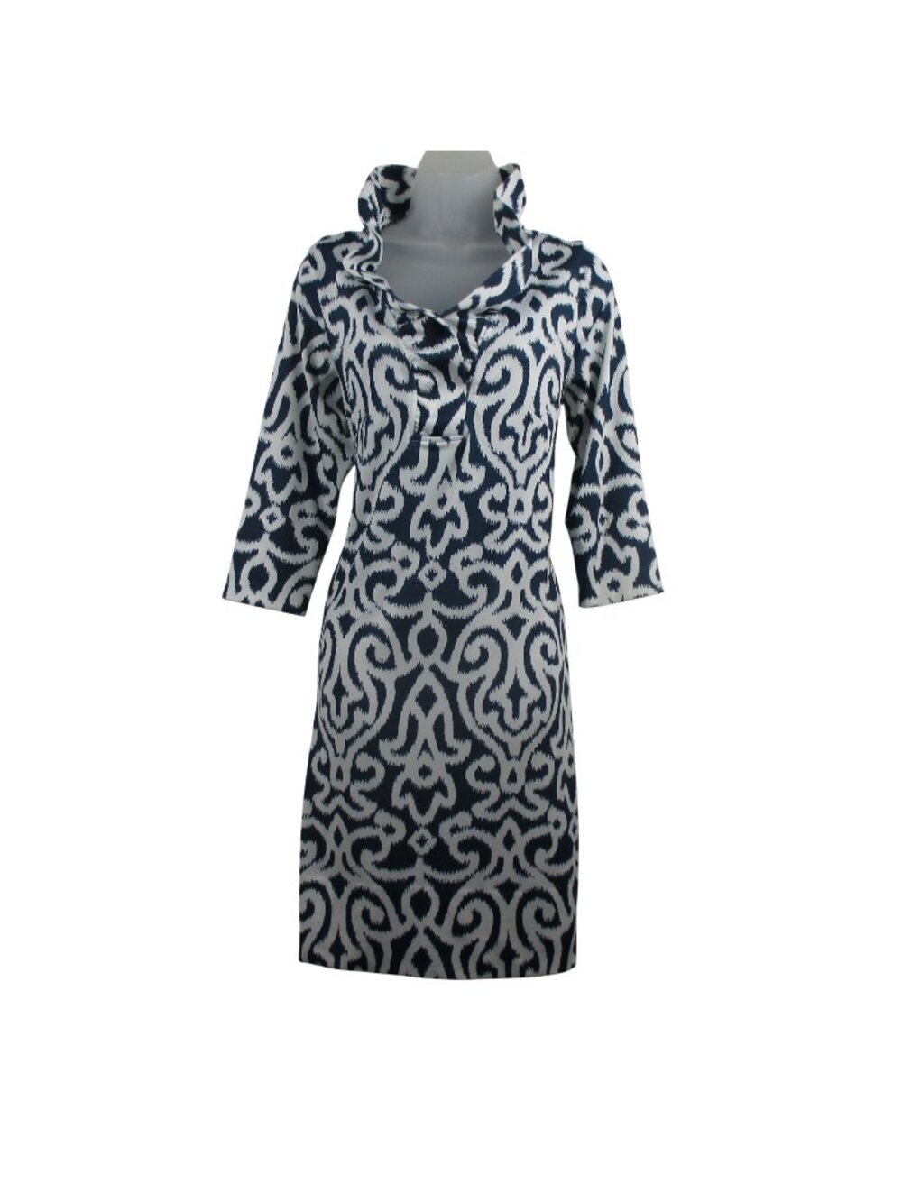 Gretchen Scott Women's Blue & White 3/4 Sleeve Ruffle Collar Shift Dress Size L